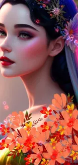 Fantasy art portrait with floral details in vibrant colors.