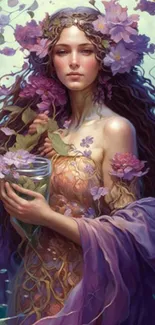 Mystical woman in purple floral artwork, elegant style.