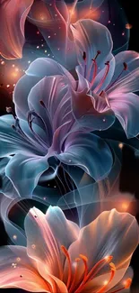 Vibrant floral fantasy art wallpaper with elegant dark background.