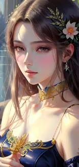Elegant woman with floral headpiece in fantasy setting.