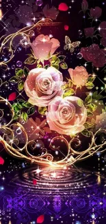 Elegant fantasy wallpaper with roses and golden swirls.