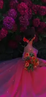 Woman in pink gown amidst vibrant hydrangeas.