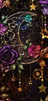 Elegant floral fantasy wallpaper with stars and vibrant roses.