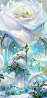 Enchanting white roses in a fantasy garden wallpaper.