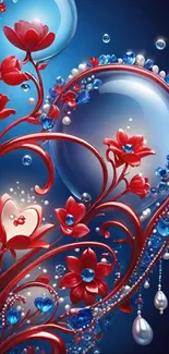 Elegant floral fantasy wallpaper with blue and red hues.