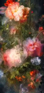Dreamy floral fantasy wallpaper with vibrant flowers and dark green tones.