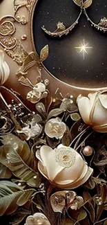Elegant floral fantasy design with gold accents and detailed flowers.