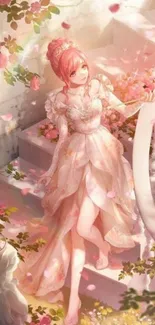 A vibrant anime girl in a dress surrounded by blooming flowers.