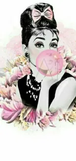 Illustrated woman with floral accents in pink hues, elegant design.