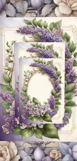 Elegant floral frame design with purple flowers and green leaves.