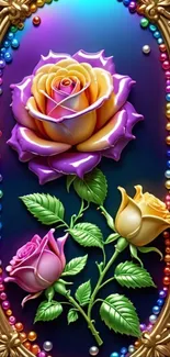 Vibrant floral wallpaper with ornate frame and colorful flowers.