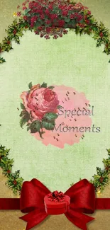 Elegant floral frame wallpaper with green background and red ribbon.