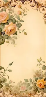 Elegant floral wallpaper with roses and vintage frame design.