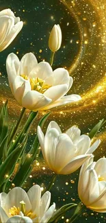 White tulips with golden galaxy backdrop