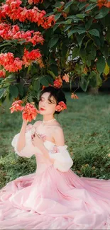 Woman in pink dress under a blooming tree.