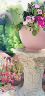 Elegant garden pot with vibrant pink flowers in a serene outdoor setting.