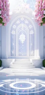 Elegant garden scene with pastel flowers and marble steps.