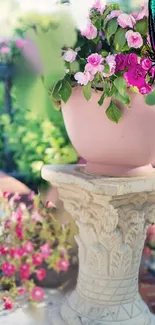 Elegant garden decor with pink flowers and a butterfly.