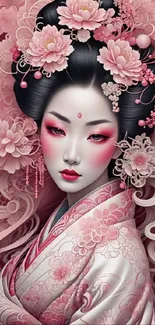 Elegant floral geisha artwork with pink hues and intricate design.