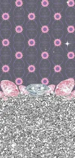 Pink floral and silver glitter wallpaper.