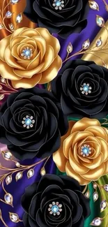 Black and gold roses with gemstones on vibrant background