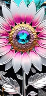 Elegant floral design with gemstone center.