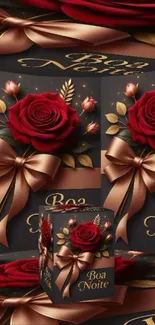 Red roses and golden bows elegant wallpaper.