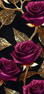 Elegant purple roses with gold accents on wallpaper.