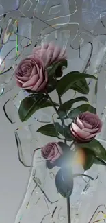 Pink roses with intricate glass art design.