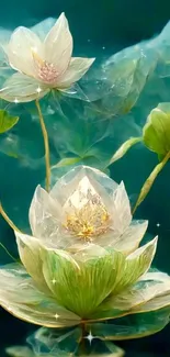 Translucent glass flowers with lush green leaves on a teal background.