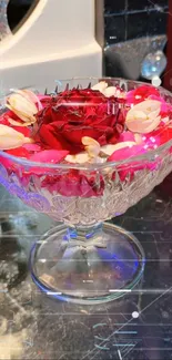 Elegant red rose and flowers in crystal glass bowl with digital effects.