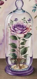 Purple rose in a glass dome on a floral wallpaper.