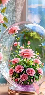 Pink roses in a glass globe on a sunny windowsill.