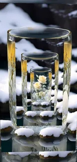 Glass reflection with flowers and snow.