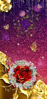 Elegant floral wallpaper with gold roses and vibrant glitter.