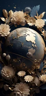 Elegant dark blue and gold floral globe wallpaper.