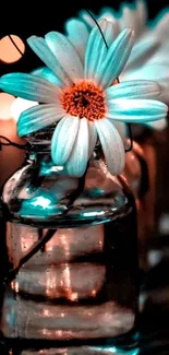 Elegant glowing flowers in glass bottles with a dark, tranquil background.