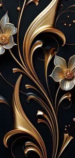 Luxurious gold floral design on black wallpaper