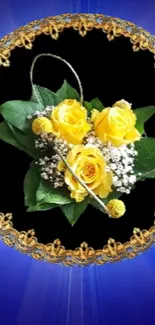 Vibrant yellow roses in a golden frame on a blue backdrop.