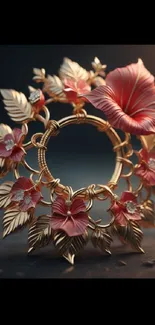 Gold ring with pink flowers and leaves, elegant design.