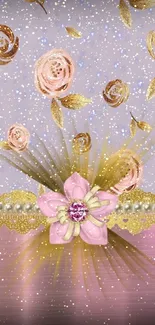 Elegant wallpaper with gold floral and pink accents.