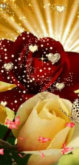 Red and white roses with gold background, butterflies, and hearts pattern.