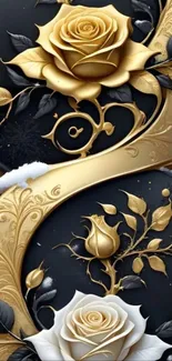 Elegant floral gold and black mobile wallpaper with roses.
