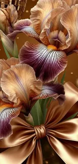 Luxurious floral wallpaper with golden irises and ribbon.