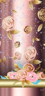 Luxurious mobile wallpaper with pink roses and golden leaves.