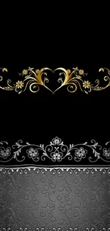 Elegant black wallpaper with gold and silver floral designs.