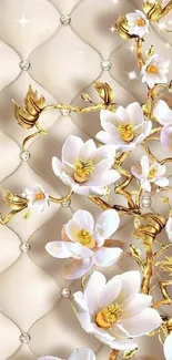 Elegant floral wallpaper with gold accents on a beige background.