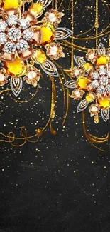 Intricate floral wallpaper with gold and jewels on a black background.