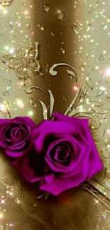 Luxurious gold wallpaper with purple roses and sparkling accents.