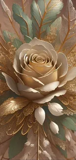 Golden rose with leaves and white accents on elegant wallpaper.